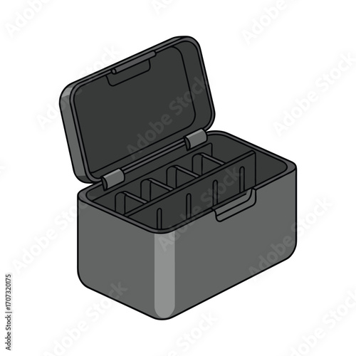 Open black storage box with compartments for organizing – flat illustration