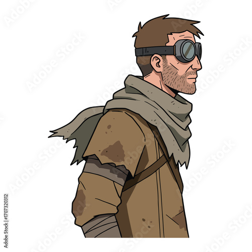 Rugged male survivor in worn clothing and goggles – flat illustration