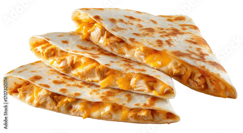 Three golden quesadillas, filled with chicken and melted cheese, stacked and angled