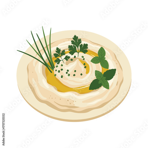 Creamy hummus plate with fresh herbs and olive oil garnish – flat illustration
