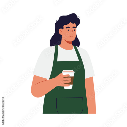 Young caucasian female barista holding coffee cup in green apron – flat illustration