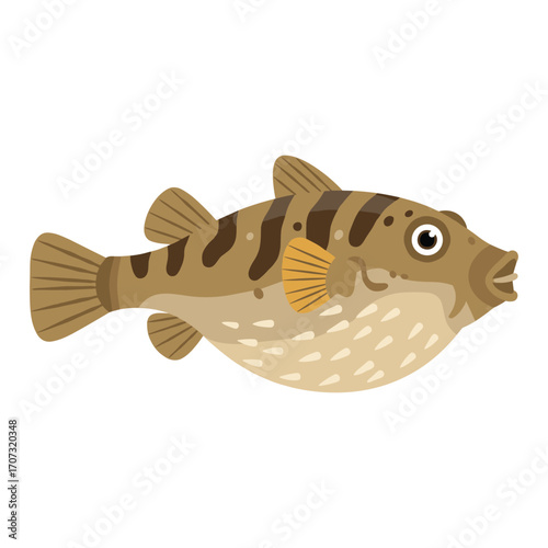 Cartoon illustration of a brown pufferfish with stripes and spotted belly – flat illustration