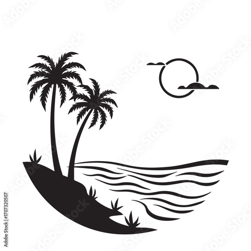 vector illustration of a tropical beach, palm, beach, tree, sea, tropical, summer, island, sun, vector, ocean, nature, illustration, travel, landscape, water, sunset, sky, sand, vacation, silhouette, 