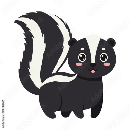 Adorable cartoon skunk with bushy tail and cute expression – flat illustration