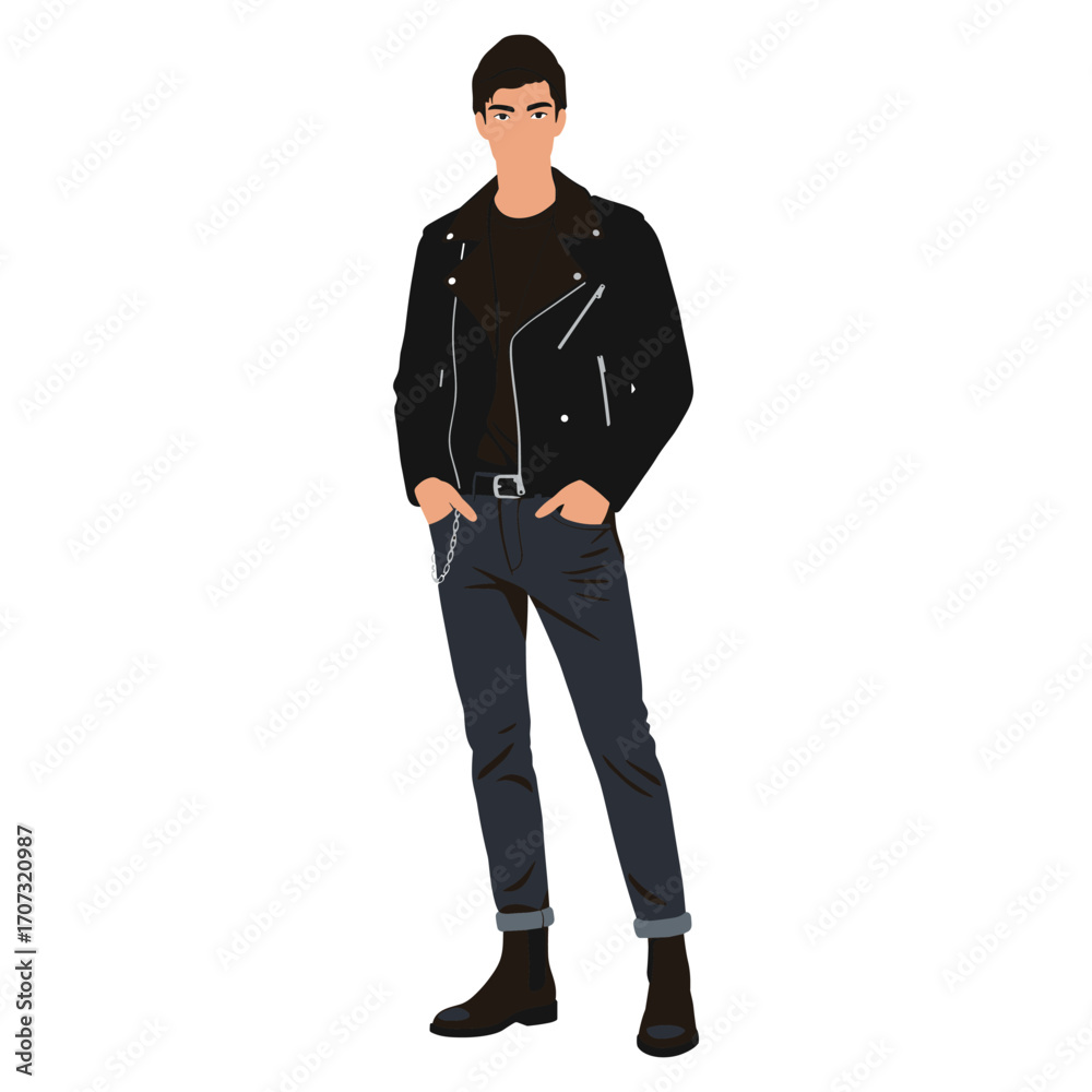 Fototapeta premium Young caucasian male in black leather jacket and jeans – flat illustration