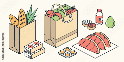 Supermarket grocery items in packages. Fresh vegetables, fruits, eggs, meat, bread, pasta, and other food products. Healthy lifestyle and eating concept. Isometric vector illustration.