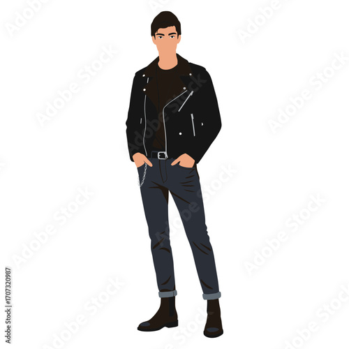 Young caucasian male in black leather jacket and jeans – flat illustration