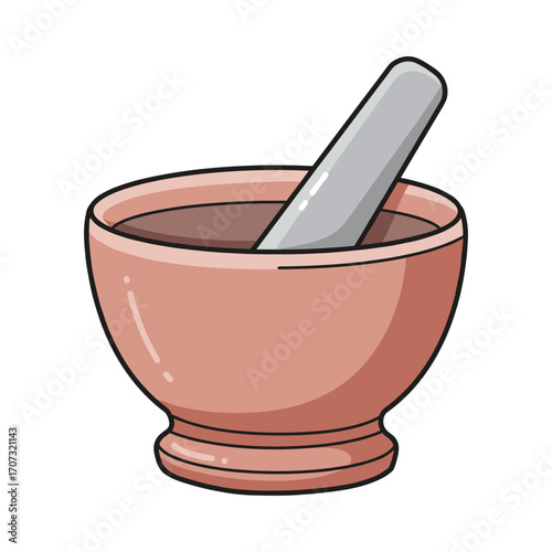 Cartoon mortar and pestle illustration in pink and gray with simple design – flat illustration