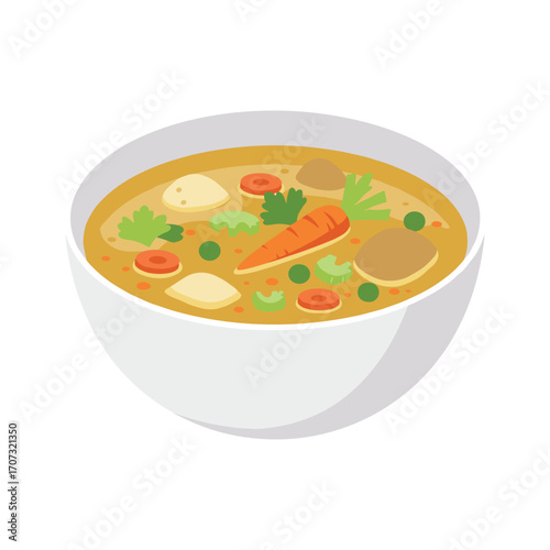 Bowl of vegetable soup with carrots, potatoes, and peas – flat illustration