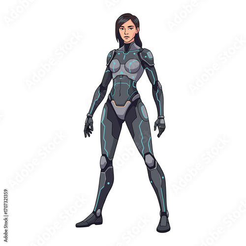 Animated female character in futuristic armor suit – flat illustration