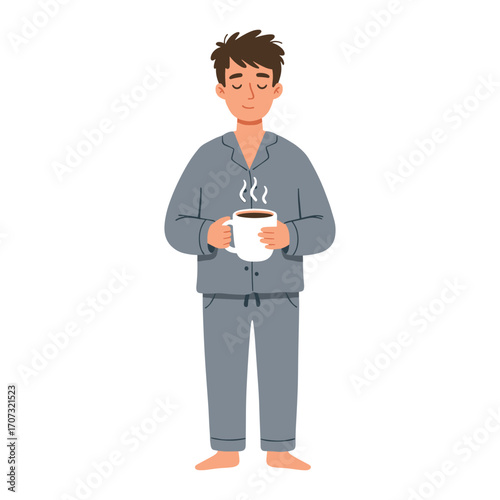 Relaxed young caucasian male enjoying morning coffee in pajamas – flat illustration