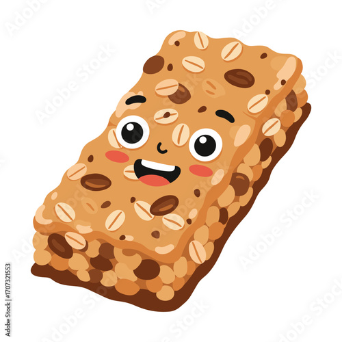 Smiling cartoon granola bar with oats and nuts – flat illustration