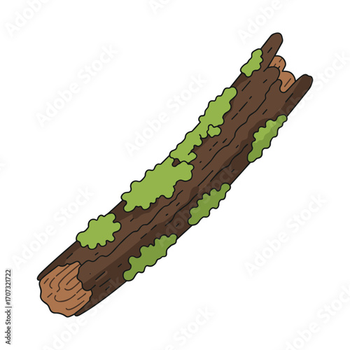Moss-covered wooden log with green algae and brown bark – flat illustration
