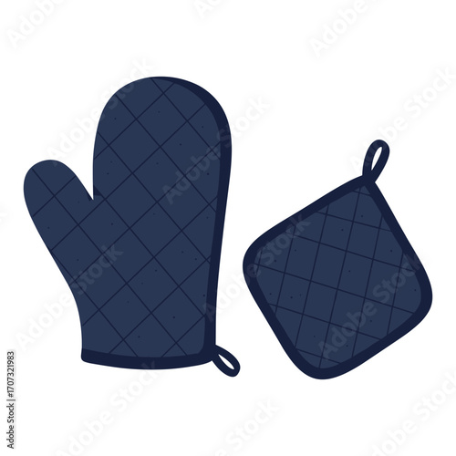 Dark blue quilted oven mitt and pot holder – flat illustration