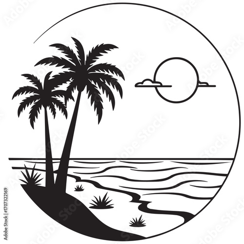 vector illustration of a tropical beach, palm, beach, tree, sea, tropical, summer, island, sun, vector, ocean, nature, illustration, travel, landscape, water, sunset, sky, sand, vacation, silhouette, 