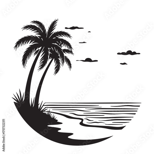 vector illustration of a tropical beach, palm, beach, tree, sea, tropical, summer, island, sun, vector, ocean, nature, illustration, travel, landscape, water, sunset, sky, sand, vacation, silhouette, 