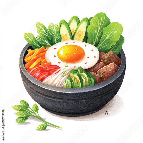 Vibrant Korean Bibimbap Bowl with Fresh Ingredients and Sunny Egg.