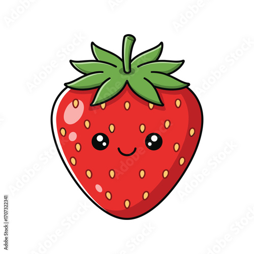 Cute smiling cartoon strawberry with green leaves and red seeds – flat illustration