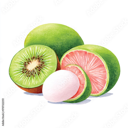 Vibrant kiwi and mangosteen fruit slices showcasing freshness and deliciousness.