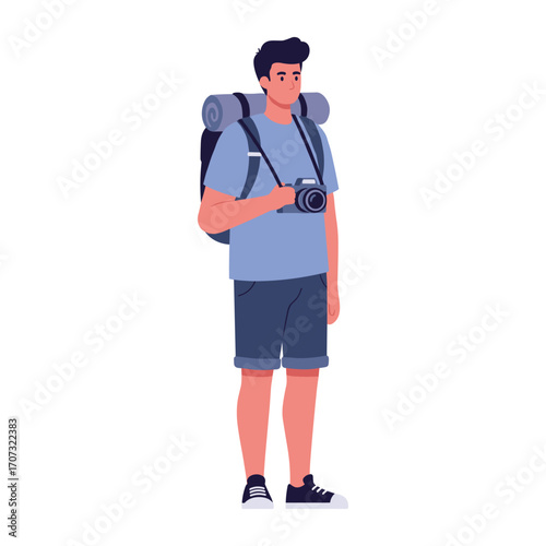 Young male photographer with backpack and camera ready for adventure – flat illustration