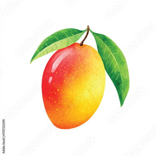 Vibrant Mango with Green Leaves A Delicious Tropical Fruit.