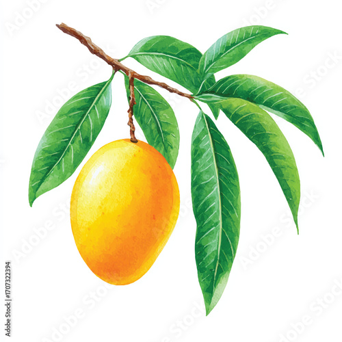 Vibrant mango fruit hanging from a branch with green leaves.