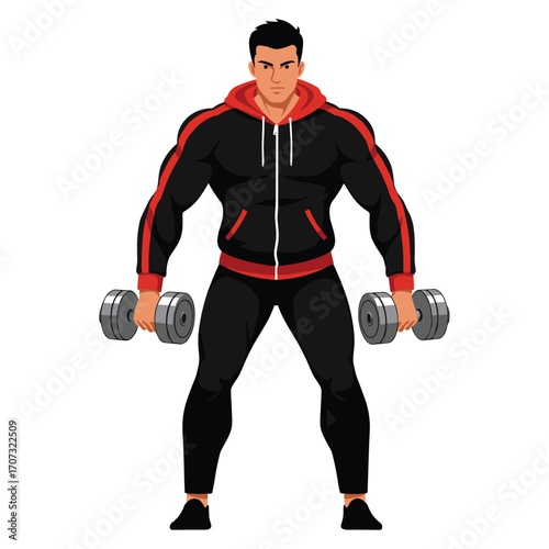 Athletic young adult male character lifting dumbbells in hoodie and joggers – flat illustration