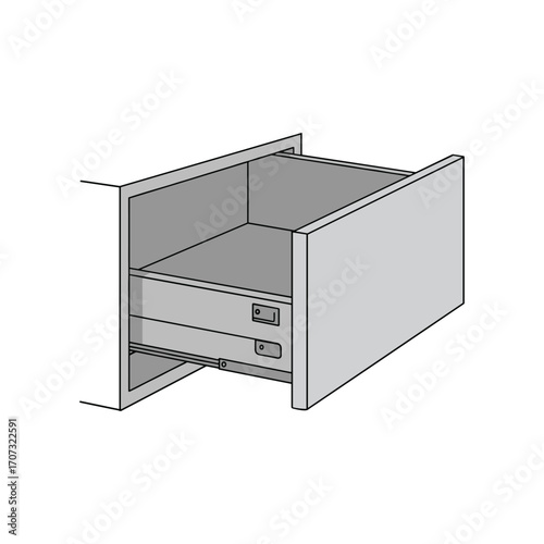 Open metal drawer illustration with sliding mechanism – flat illustration