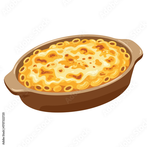 Delicious baked macaroni and cheese in a brown serving dish – flat illustration