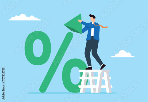 Businessman putting upward arrow on percentage sign in flat design