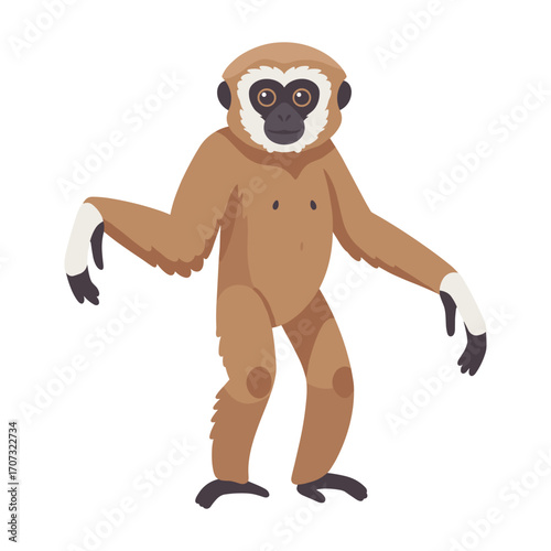 Cartoon gibbon illustration with brown fur and white face – flat illustration
