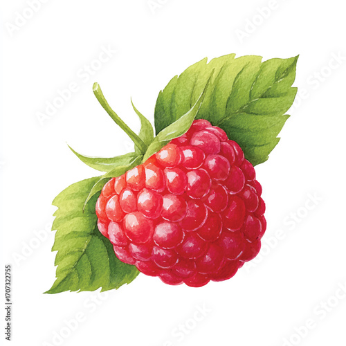 Vibrant Red Raspberry with Green Leaf Watercolor Illustration.