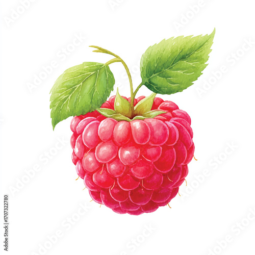 Vibrant Red Raspberry with Green Leaves Isolated on White Background.