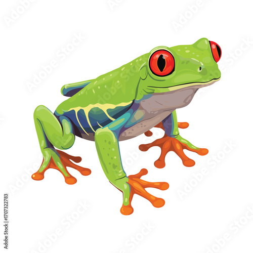 Vibrant red-eyed tree frog with bright green and orange features – flat illustration