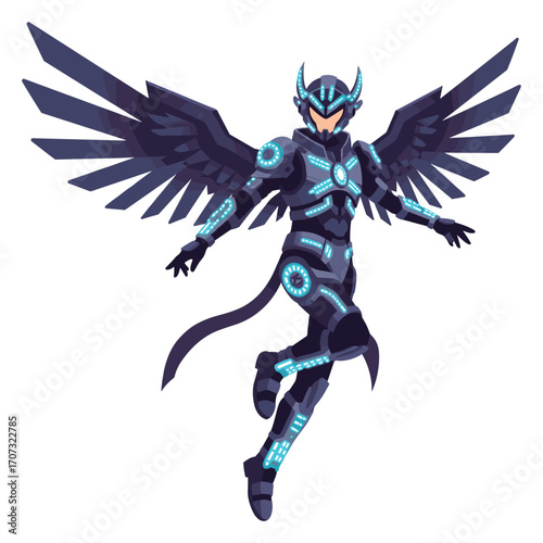 Futuristic winged robot warrior in black armor with neon accents – flat illustration