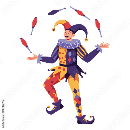 Jester juggling clubs in colorful outfit with bells and hat – flat illustration
