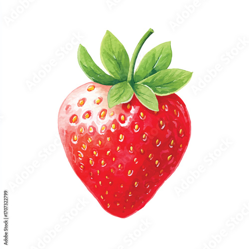 Vibrant Red Strawberry with Green Leaves on White Background.