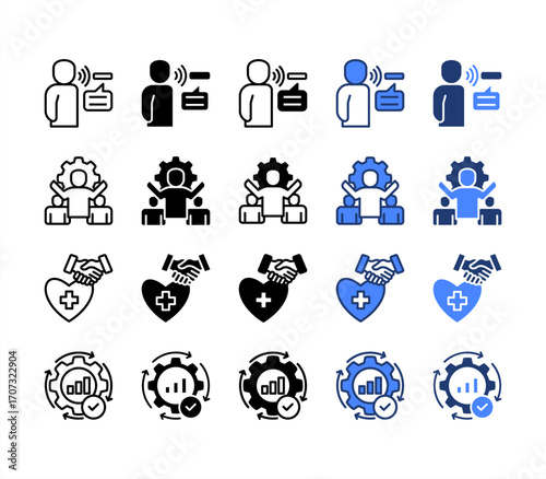 Assistive Technology, Agreement, Leadership, Business Continuity, multiple style icon set.