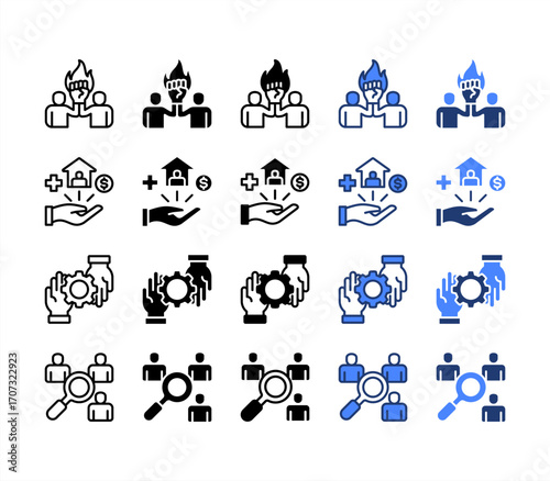 Empowerment, Support, Welfare, Human Resource, multiple style icon set.