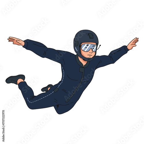 Male skydiver in free fall wearing jumpsuit and helmet – flat illustration