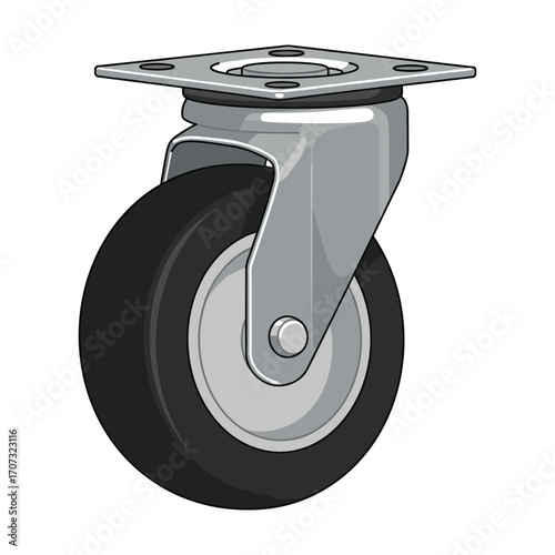 Metal swivel caster wheel with black rubber tire for furniture mobility – flat illustration