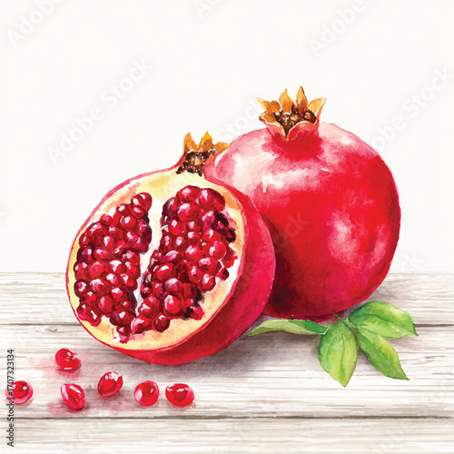 Vibrant watercolor illustration of fresh ripe pomegranate fruit.