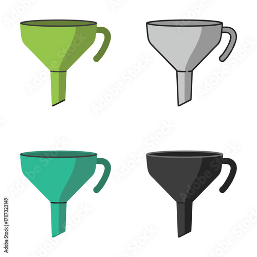 Set of four colored funnels with handles in green, gray, teal, and black – flat illustration