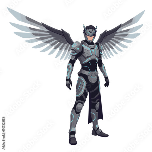 Futuristic winged armored warrior in black and silver exosuit – flat illustration