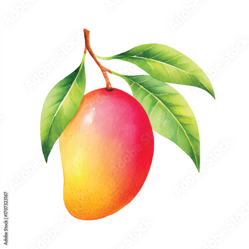 Vibrant Watercolor Mango with Green Leaves on a Branch.