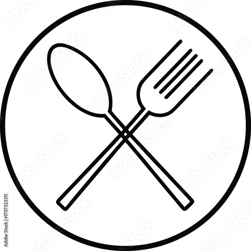 Minimalist black line art illustration of crossed fork and spoon inside circle cutlery eating utensil