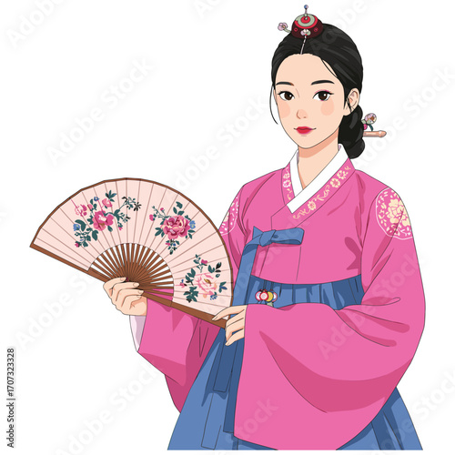 Asian young female in traditional korean hanbok holding a decorative fan – flat illustration