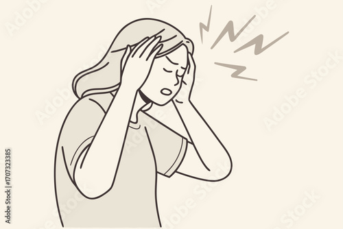 Line art illustration of woman holding head in pain with headache symbol