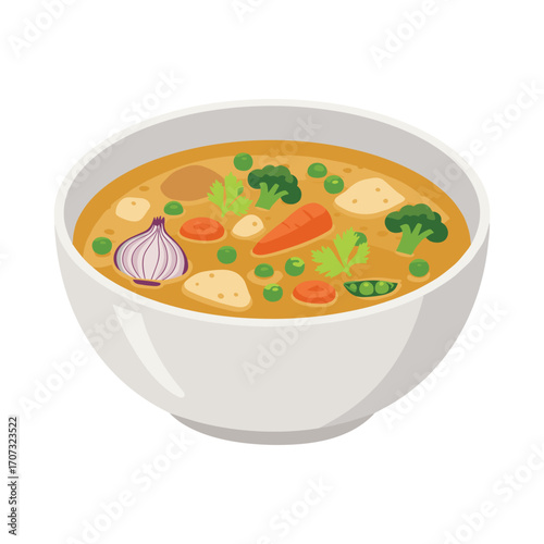 Colorful vegetable soup in white bowl with fresh ingredients and herbs – flat illustration