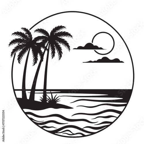 vector illustration of a tropical beach, palm, beach, tree, sea, tropical, summer, island, sun, vector, ocean, nature, illustration, travel, landscape, water, sunset, sky, sand, vacation, silhouette, 